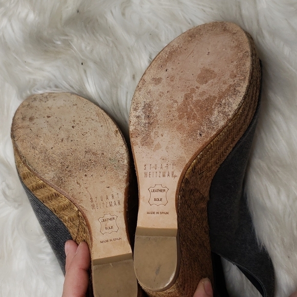 Stuart Weitzman Glover Stretch Wedge Sandal, Gray Denim 9 - Picture 11 of 14